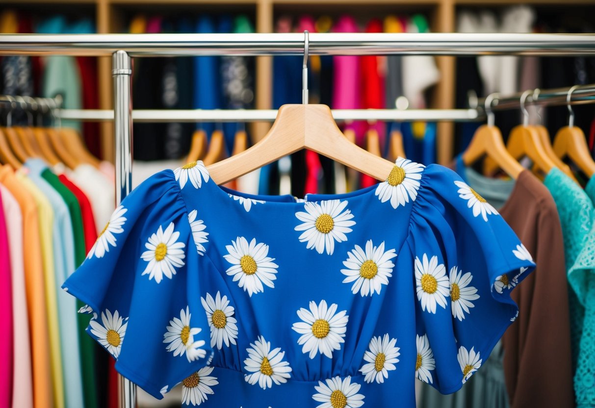 A blue dress with white flowers hangs on a clothing rack, surrounded by other colorful options