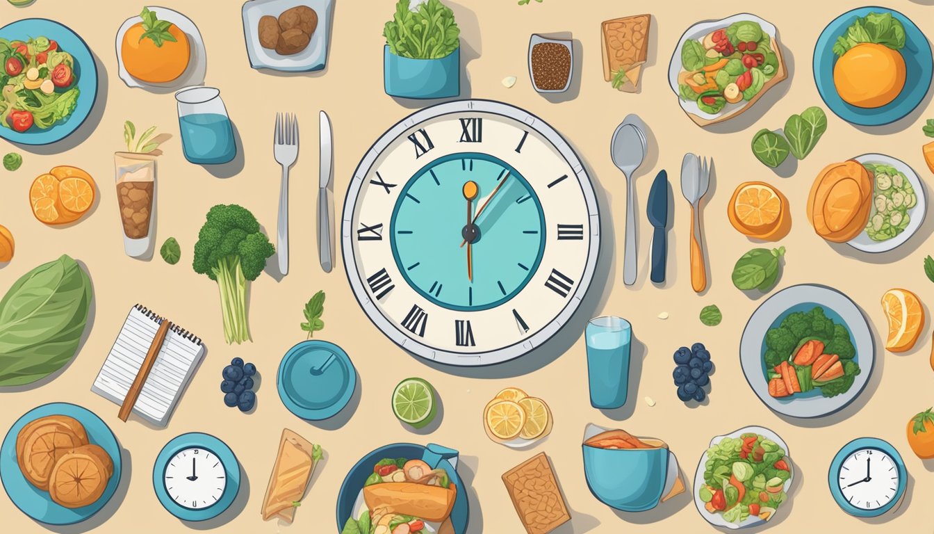 A person enjoying a balanced meal while surrounded by various healthy food options, with a clock in the background indicating the time for intermittent fasting