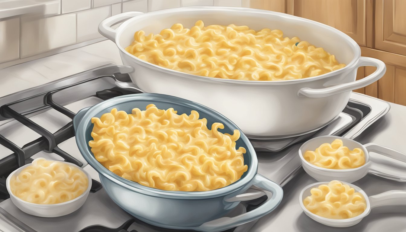 A steaming bowl of creamy alfredo mac and cheese being transferred from the oven to a larger serving dish