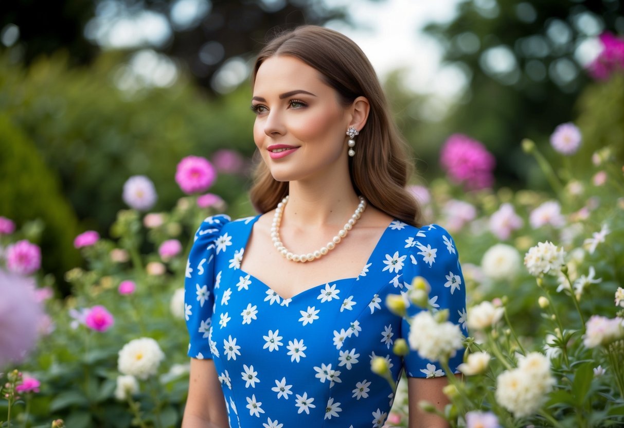 A woman in a blue dress with white flowers stands among a garden of blooming flowers, accessorizing with a delicate pearl necklace and matching earrings