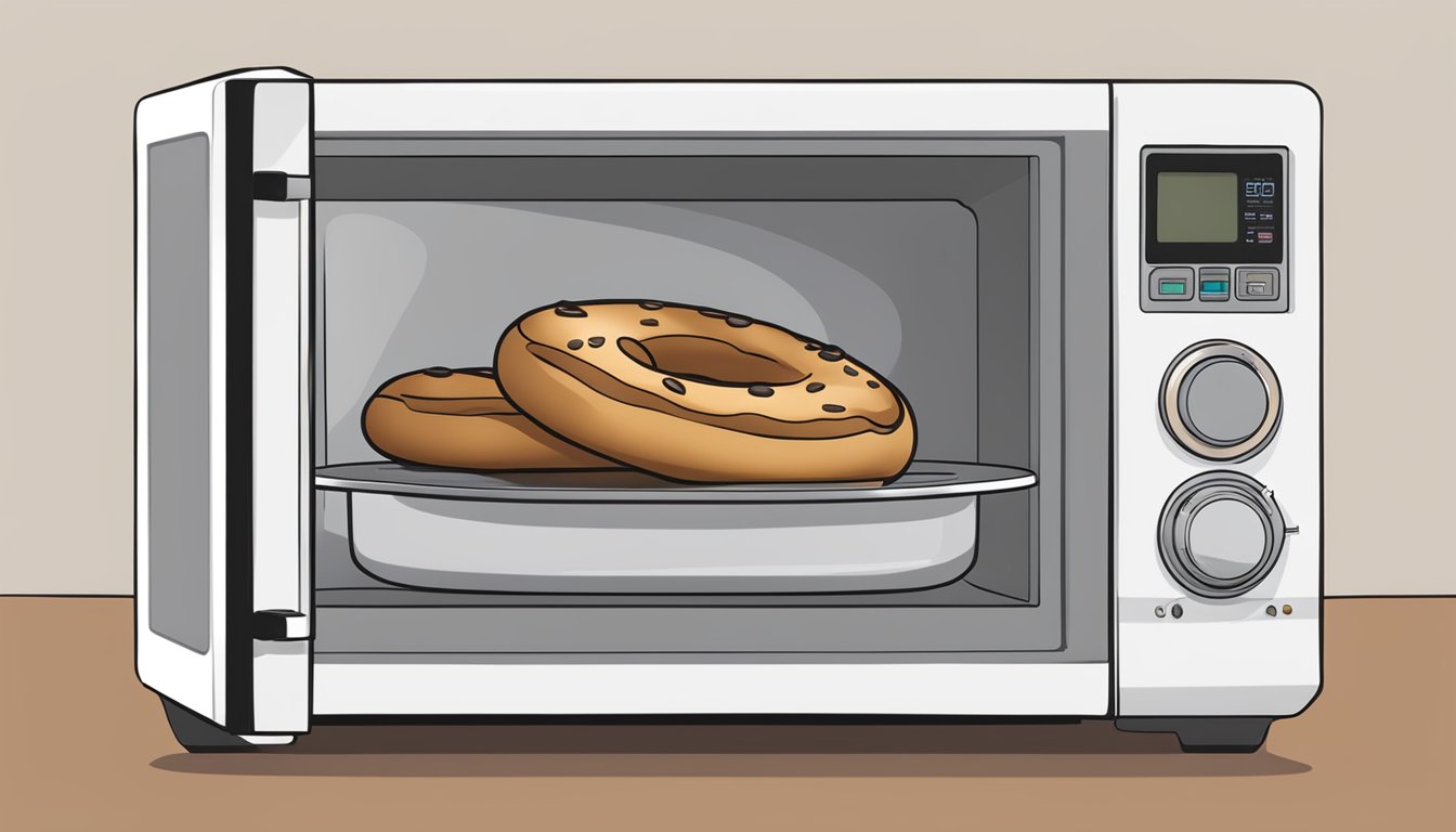 A cinnamon raisin bagel sits on a microwave-safe plate. The microwave door is closed, and the timer is set for 30 seconds