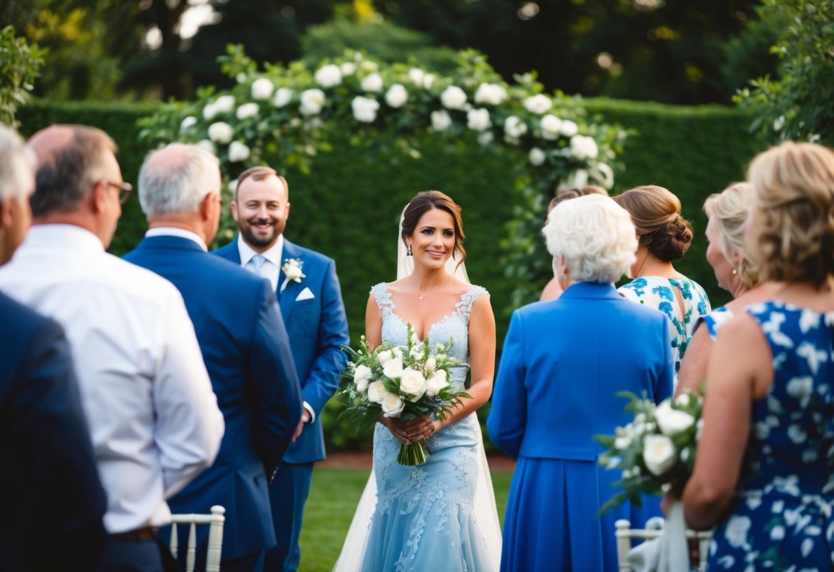 A serene outdoor wedding with a lush garden backdrop, where a woman in a blue dress with white flowers stands among the guests