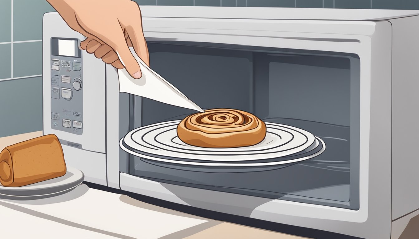 A cinnamon roll being placed on a microwave-safe plate and covered with a paper towel before being heated in the microwave