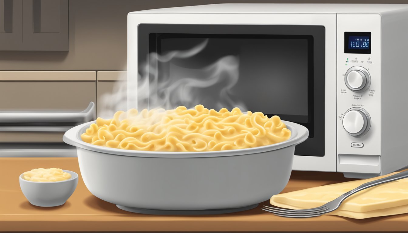 A steaming bowl of creamy alfredo mac and cheese being reheated in a microwave