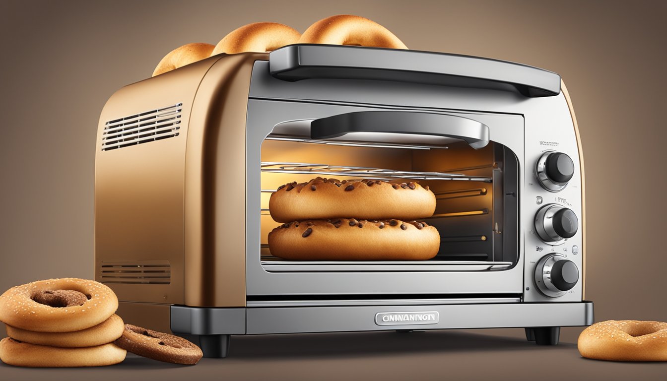 A toaster oven with a cinnamon raisin bagel inside, emitting warm, golden-brown tones