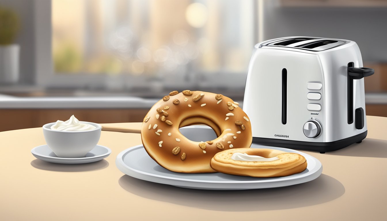 A toaster with a golden brown cinnamon raisin bagel popping up, accompanied by a plate and a spreader with a dollop of cream cheese