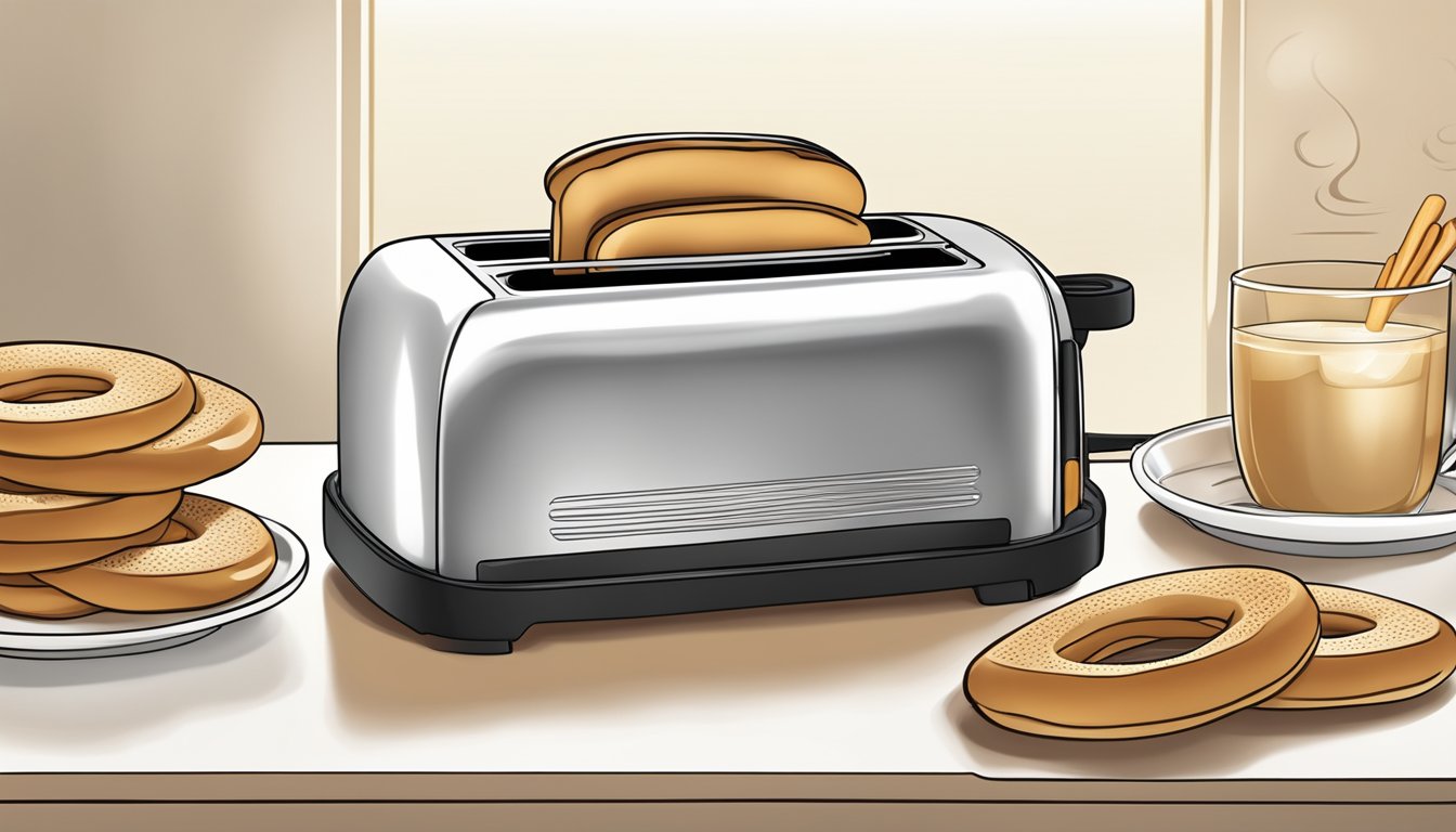 A toaster set on medium heat, a cinnamon raisin bagel placed inside, golden brown and steaming, ready to be enjoyed