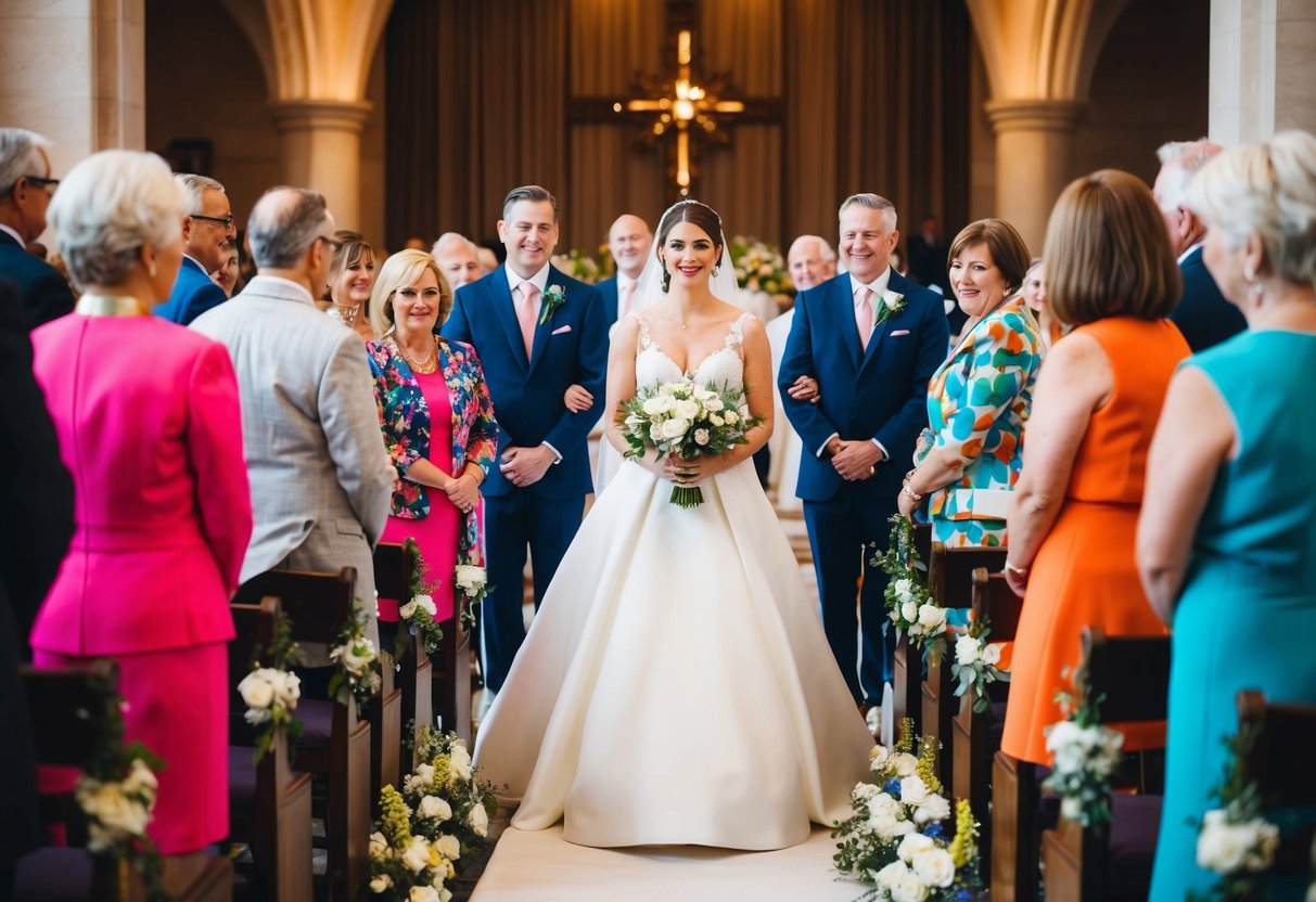 A bride in a white gown stands at the altar, surrounded by guests in colorful attire