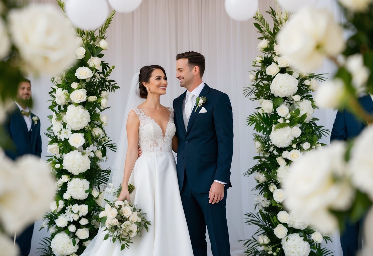 A bride in a white gown stands beside her groom in a dark suit, surrounded by white flowers and decor at their second wedding