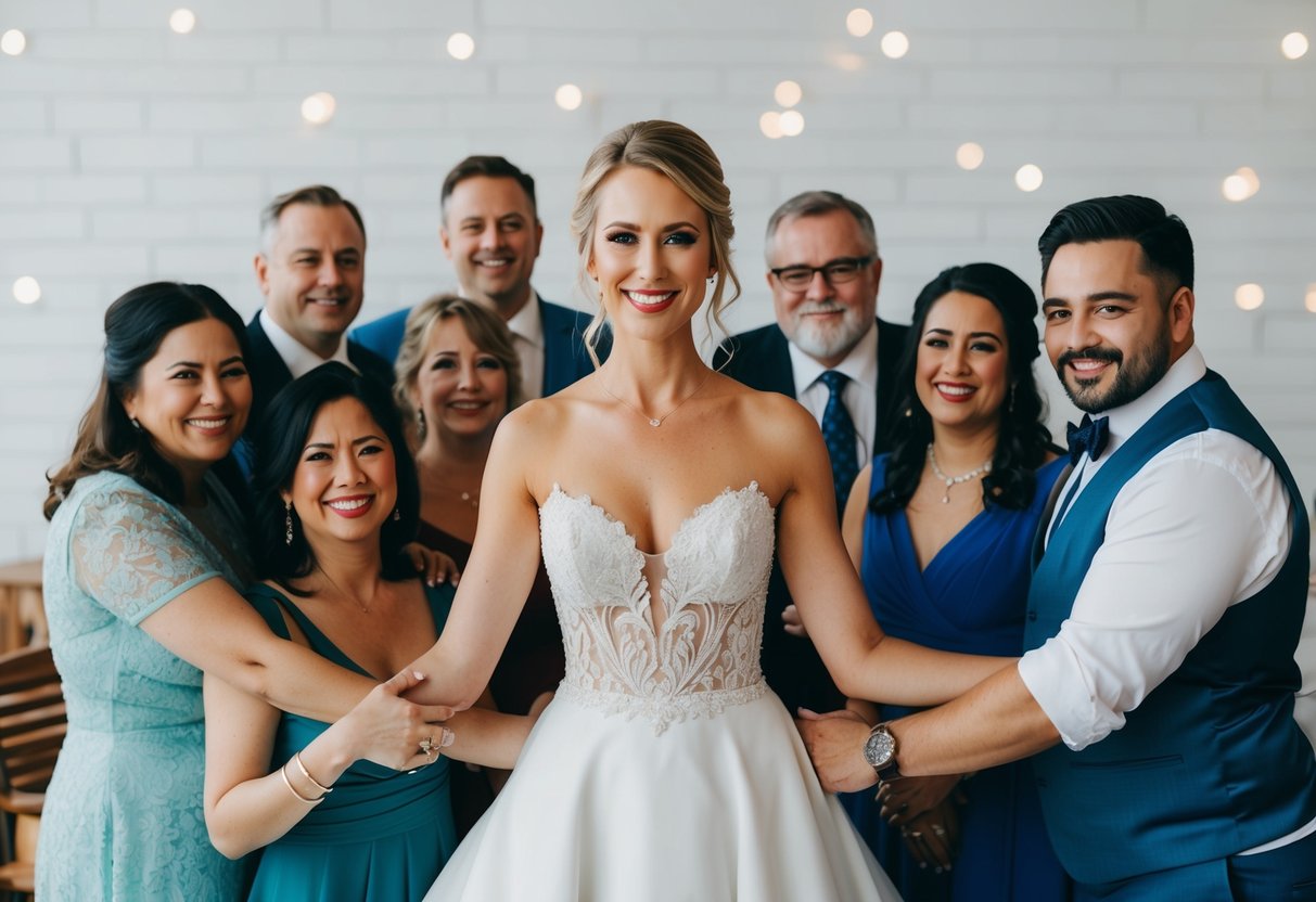 A bride in a non-traditional colored wedding dress surrounded by supportive family and friends