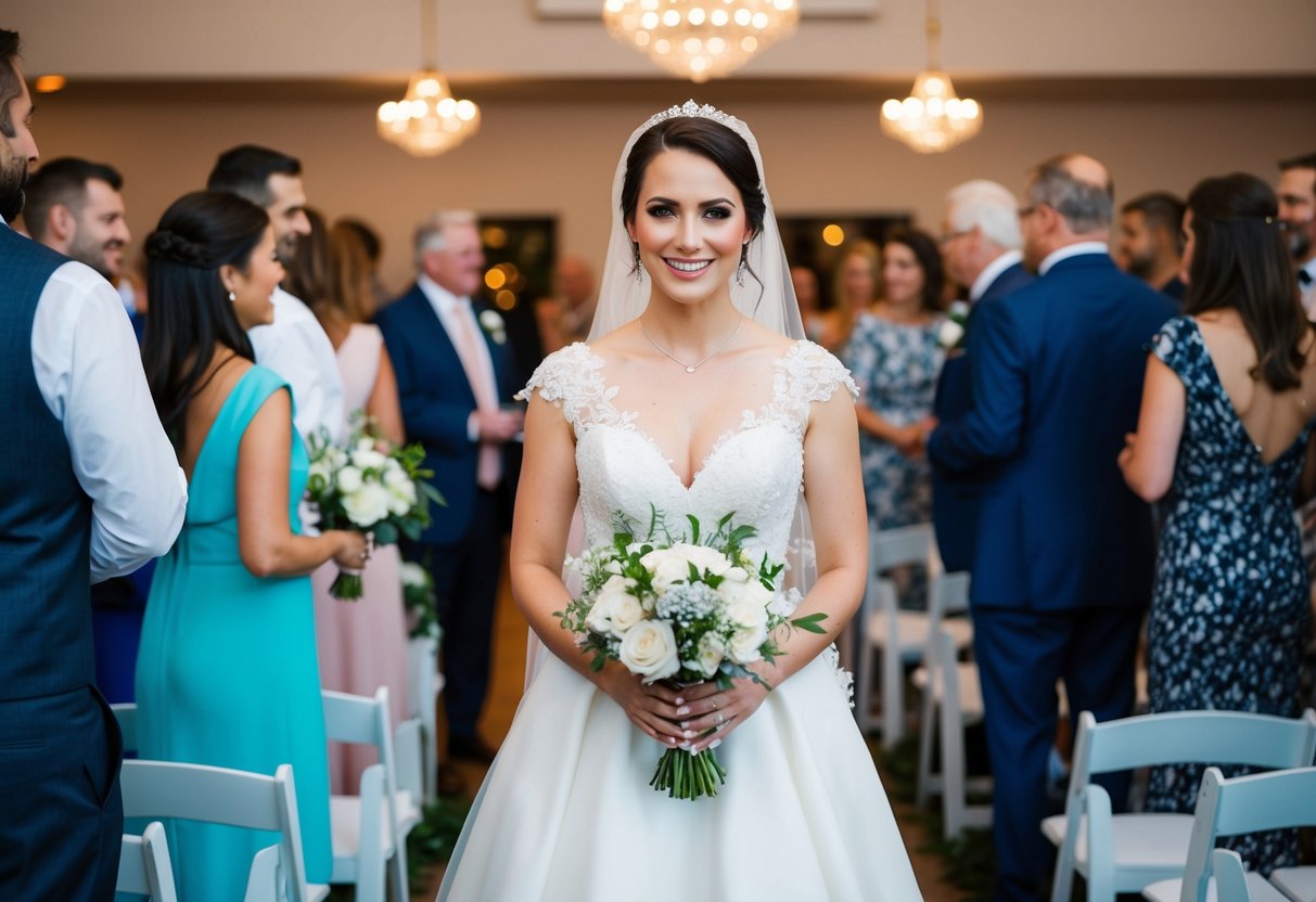 A bride in a non-white wedding dress surrounded by guests at a ceremony and reception