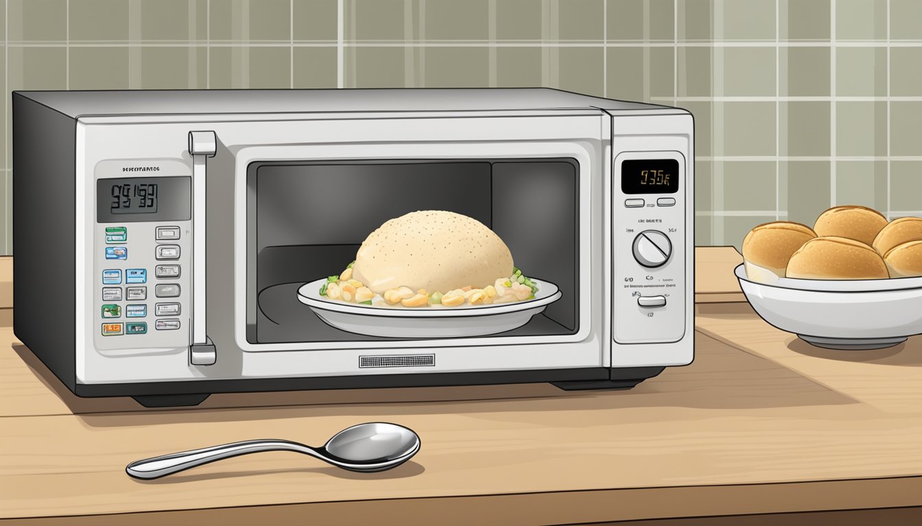 A microwave with a bowl of clam chowder bread bowl next to it. A spoon is placed on the side