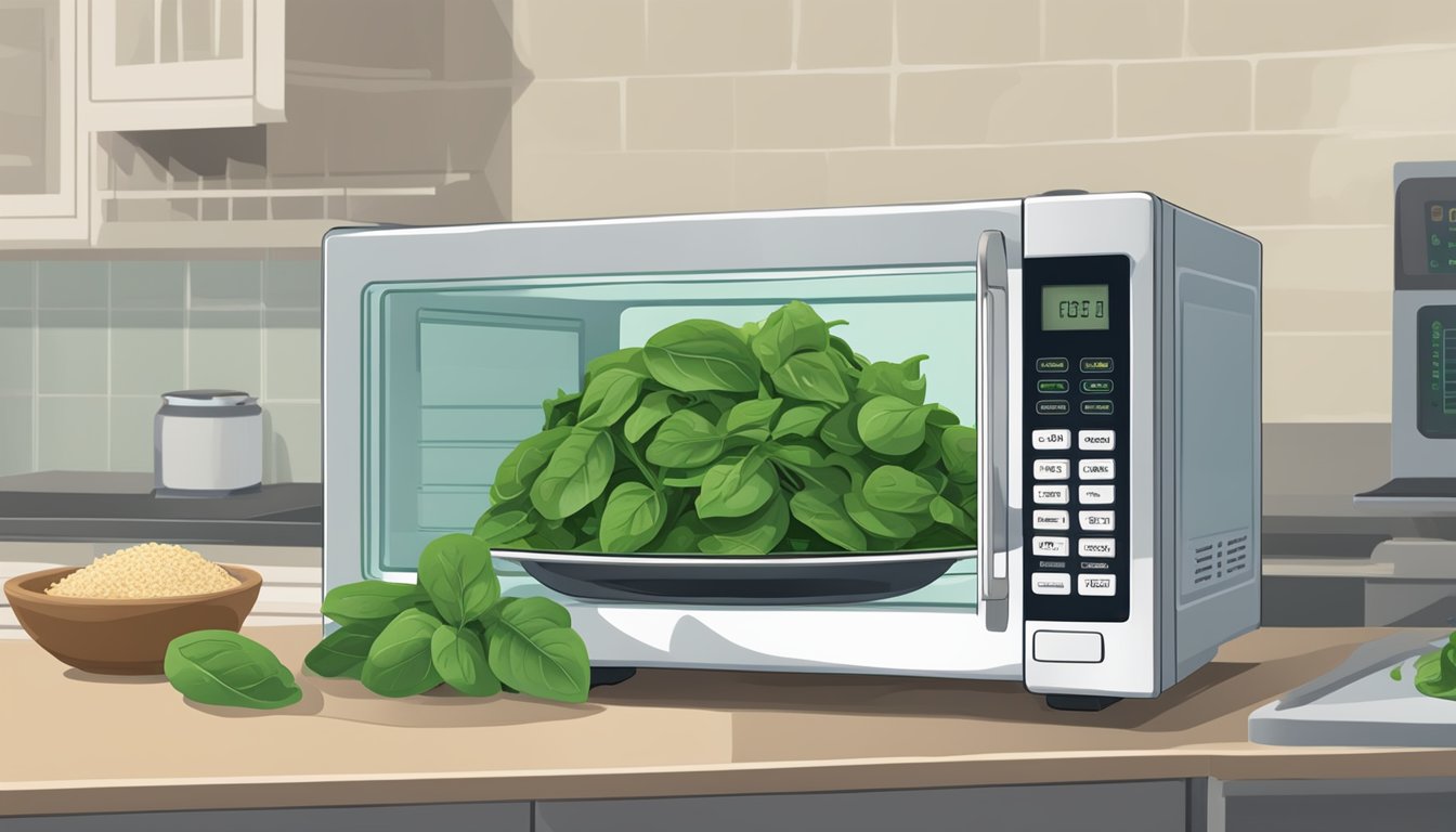 A microwave with a bowl of Earthbound Farm organic spinach inside, the timer counting down