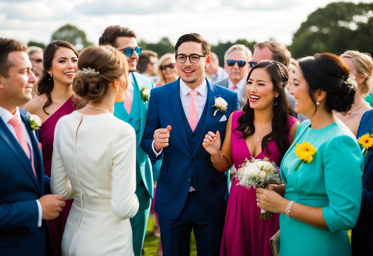 A group of guests at a wedding, all dressed in various colors, with one person wearing a white outfit, causing a stir among the other attendees