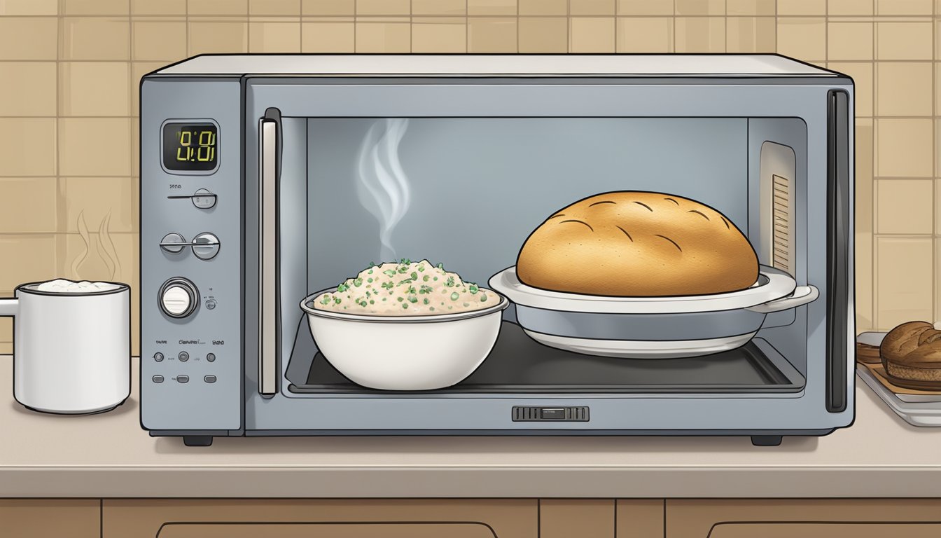 A microwave and oven sit next to a bread bowl filled with clam chowder. Steam rises from the bowl as it heats up