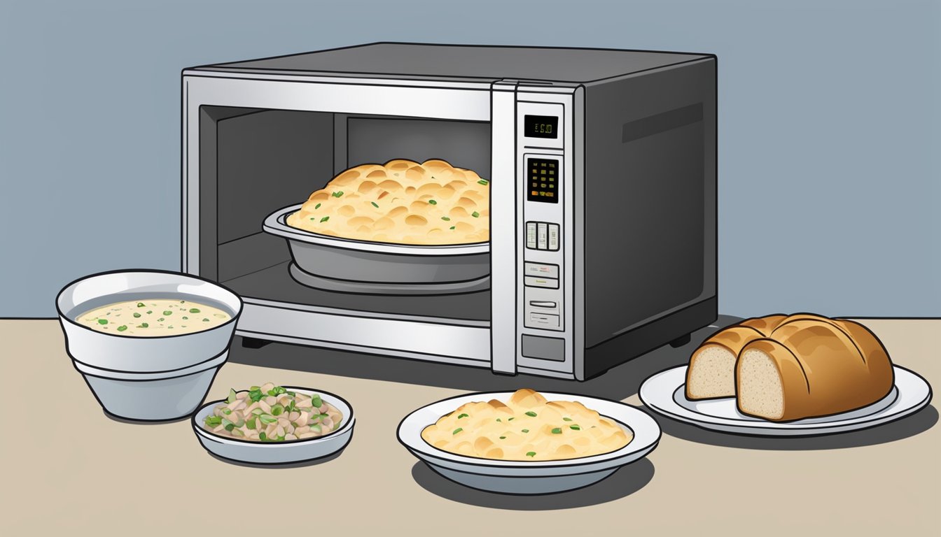 A microwave with a bowl of clam chowder inside, a bread bowl next to it