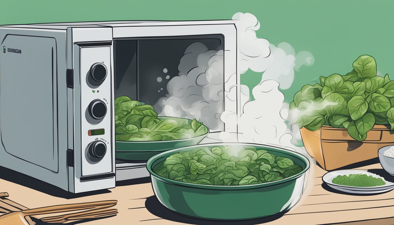 A person uses a microwave to reheat a container of Earthbound Farm organic spinach, with steam rising from the hot food