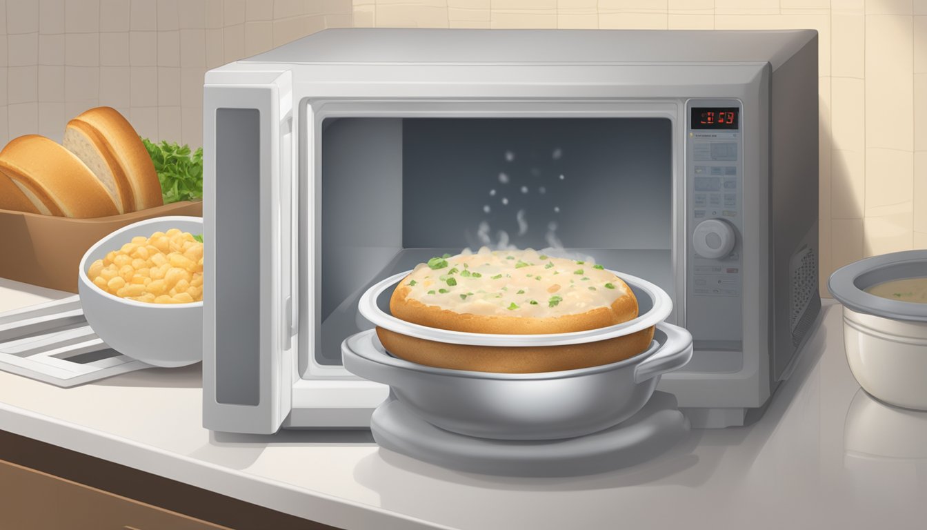 A bread bowl filled with clam chowder sits in a microwave, steam rising as it reheats