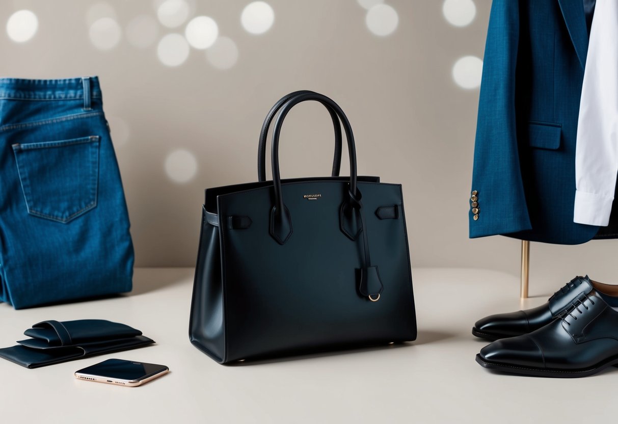 A sleek, black handbag sits on a minimalist, neutral-toned backdrop, surrounded by classic wardrobe staples like a white shirt, denim jeans, and a tailored blazer