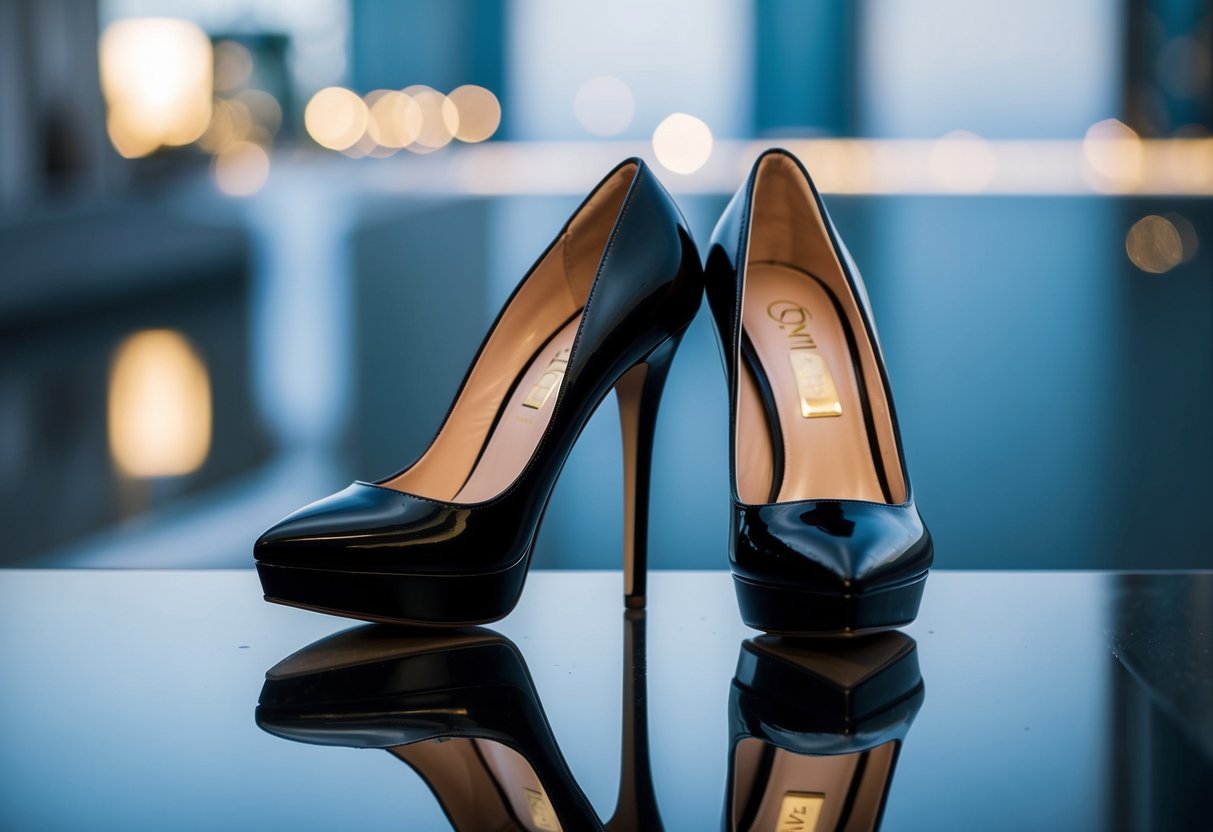 A pair of black stiletto heels on a reflective surface with a slimming effect illusion