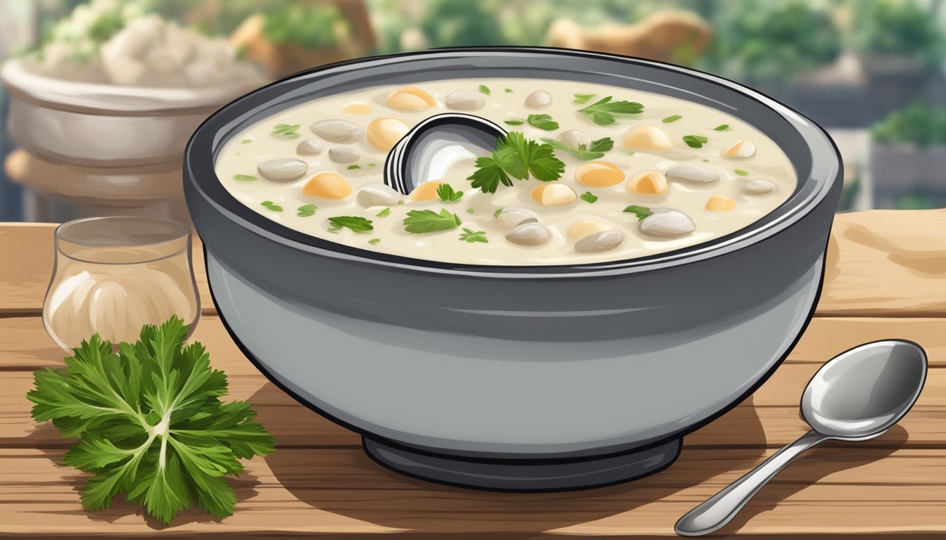 A steaming bread bowl of clam chowder on a wooden table, with a spoon and small dish of herbs for garnish