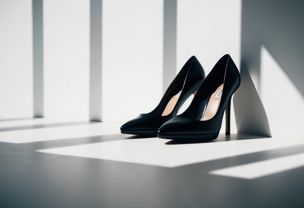 A pair of sleek, black heels against a white background, casting a long, slim shadow