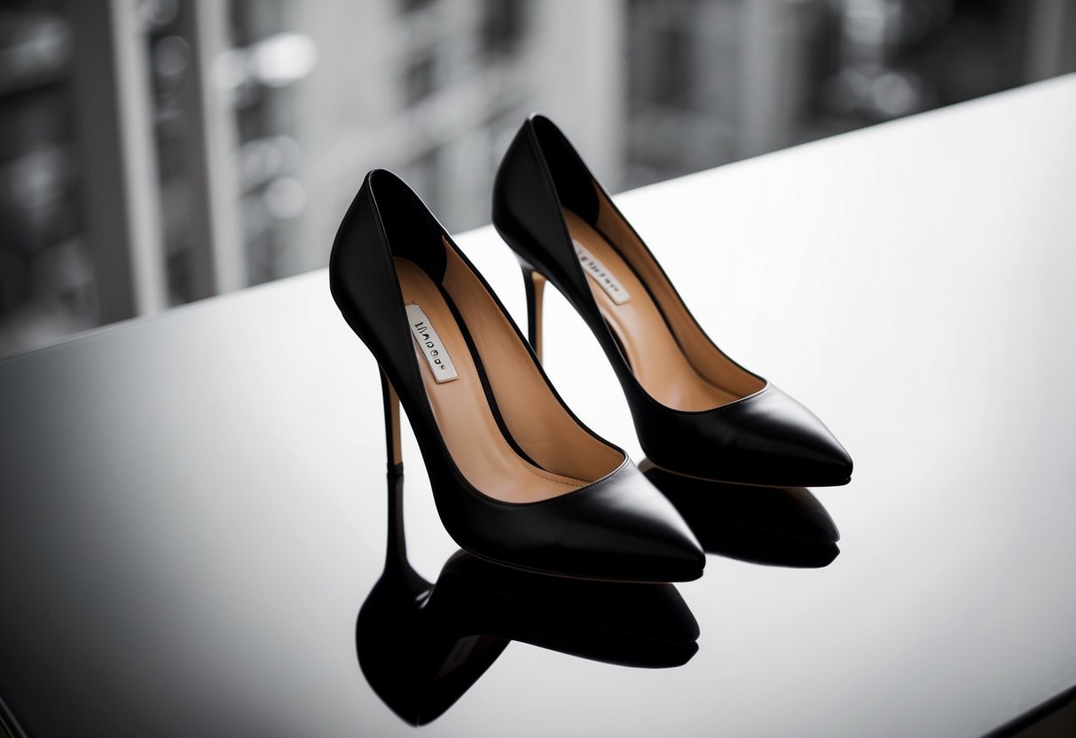 A pair of sleek, black high heels on a reflective surface, casting a slimming shadow