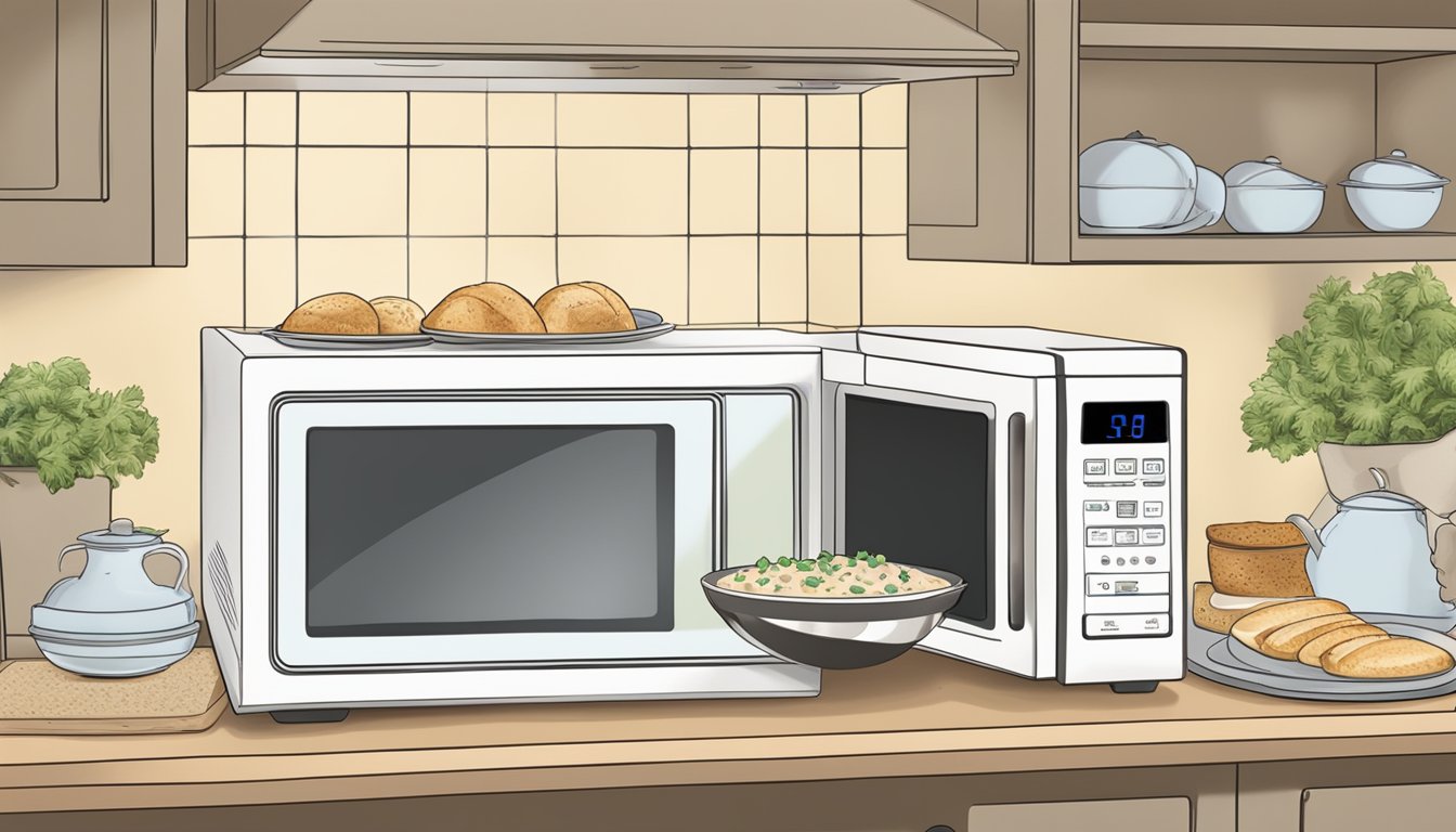 A person placing a bread bowl of clam chowder into a microwave, with steam rising from the bowl