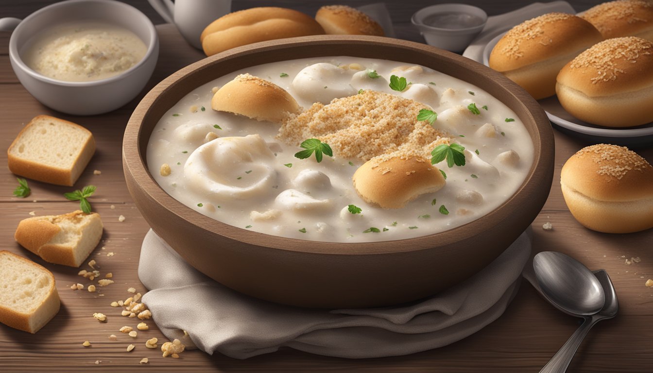 A steaming clam chowder bread bowl sits on a rustic wooden table, surrounded by scattered bread crumbs and a spoon resting on the side