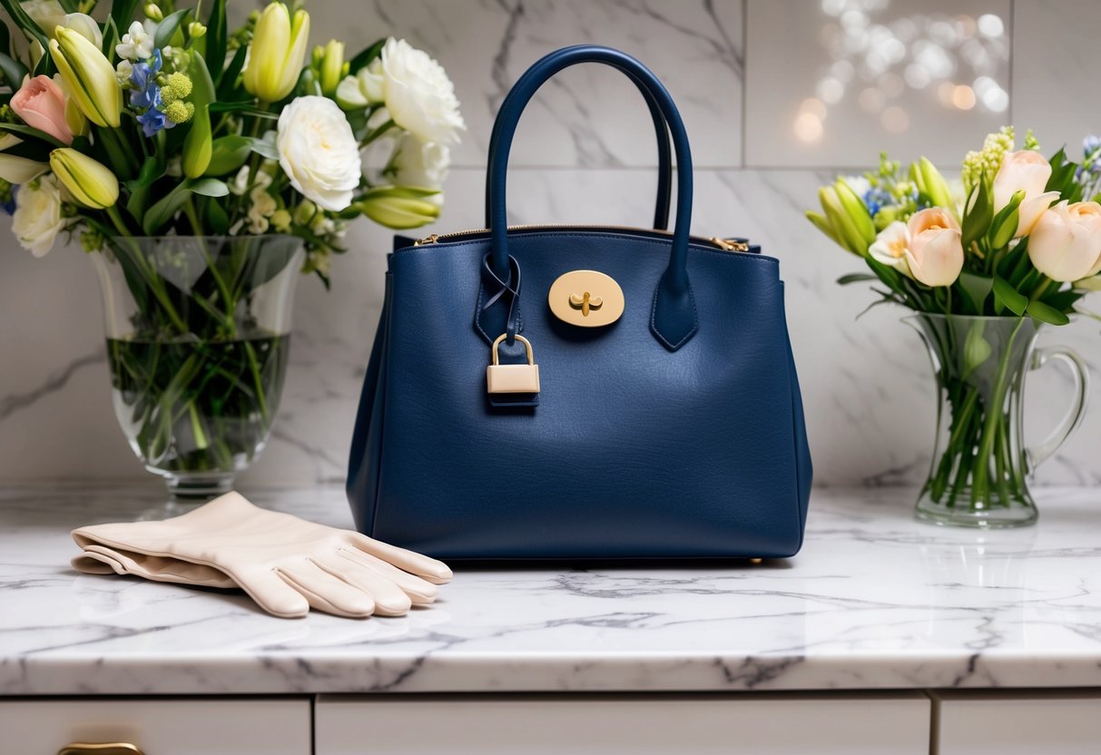 A handbag rests on a marble countertop, surrounded by a vase of fresh flowers and a pair of elegant gloves