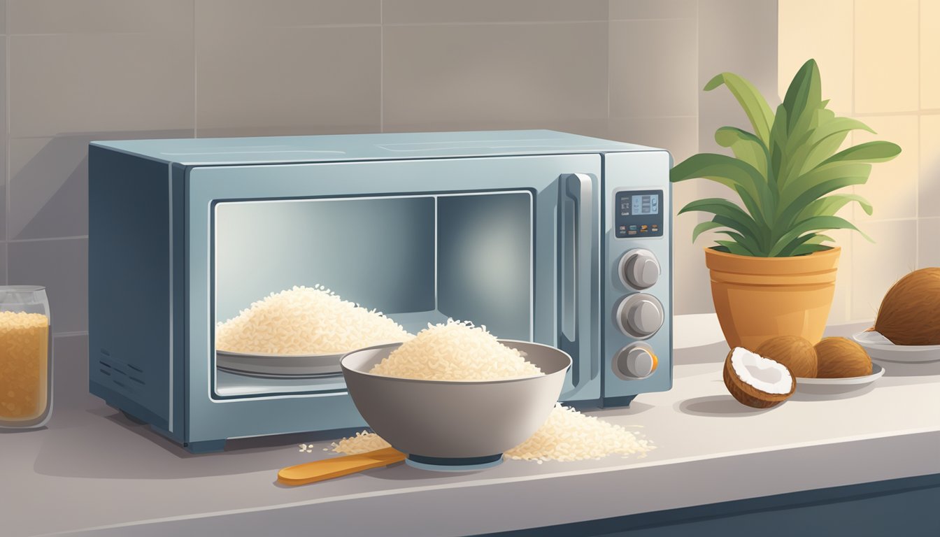 A bowl of coconut rice being reheated in a microwave