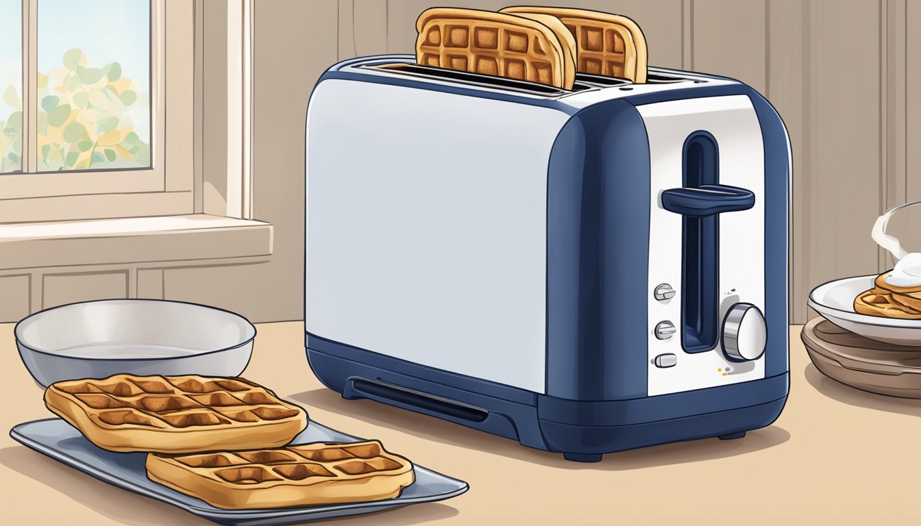 A toaster with eggo blueberry waffles inside, set to reheat