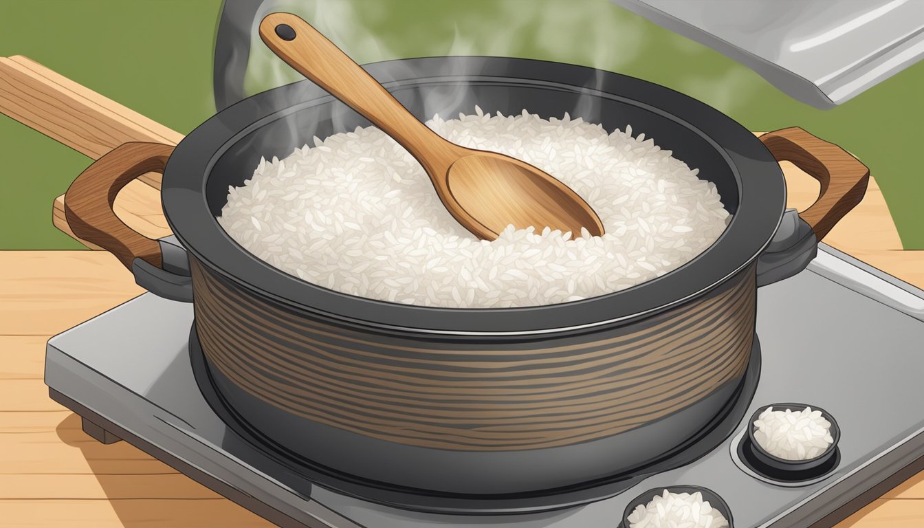 A pot of coconut rice being reheated on a stovetop, steam rising as a lid is lifted. A wooden spoon rests on the side of the pot