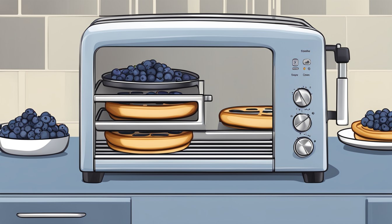 A toaster set to medium heat with two blueberry waffles inside