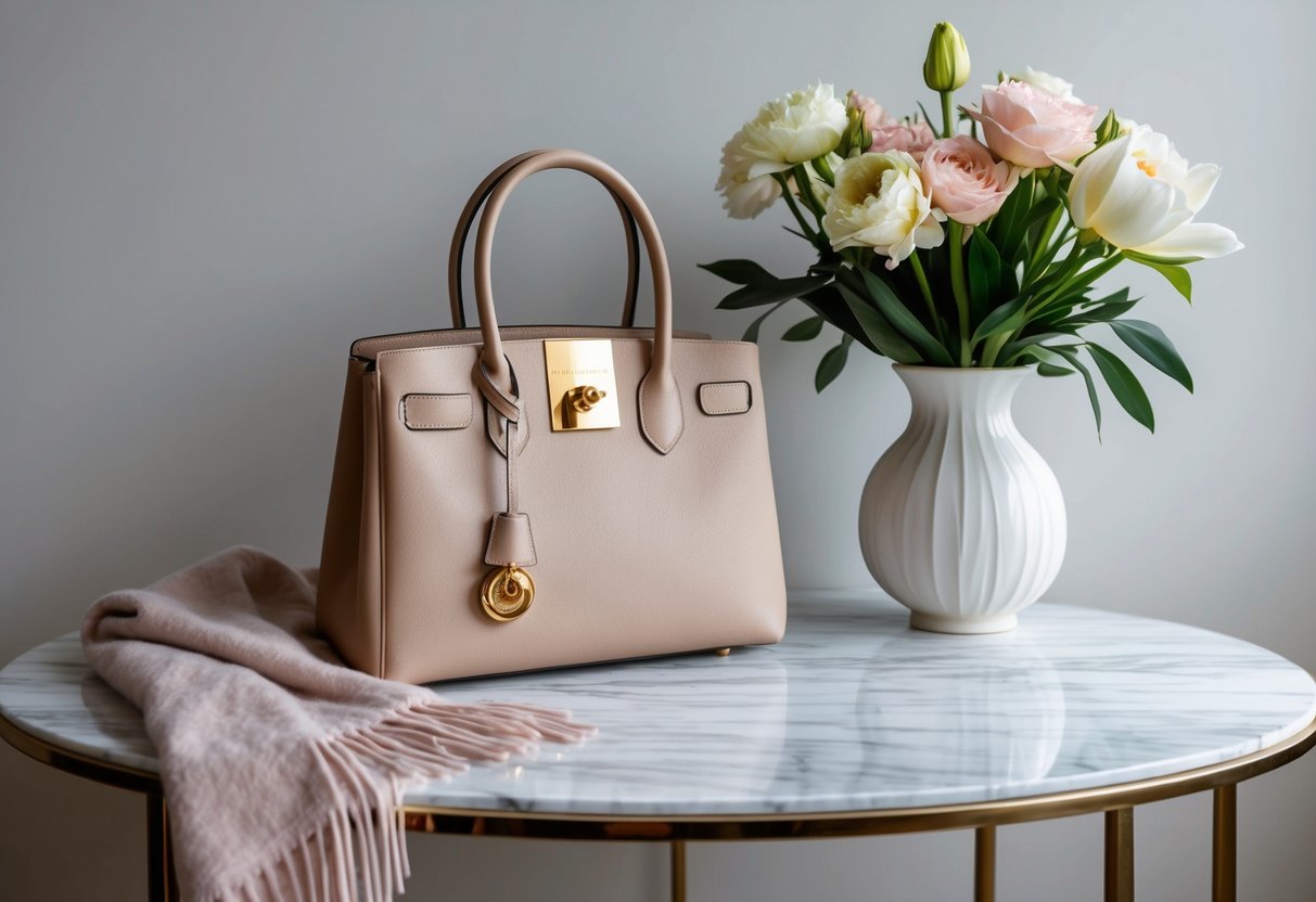 A woman's elegant handbag sits on a marble table, surrounded by a vase of fresh flowers and a soft cashmere shawl draped nearby