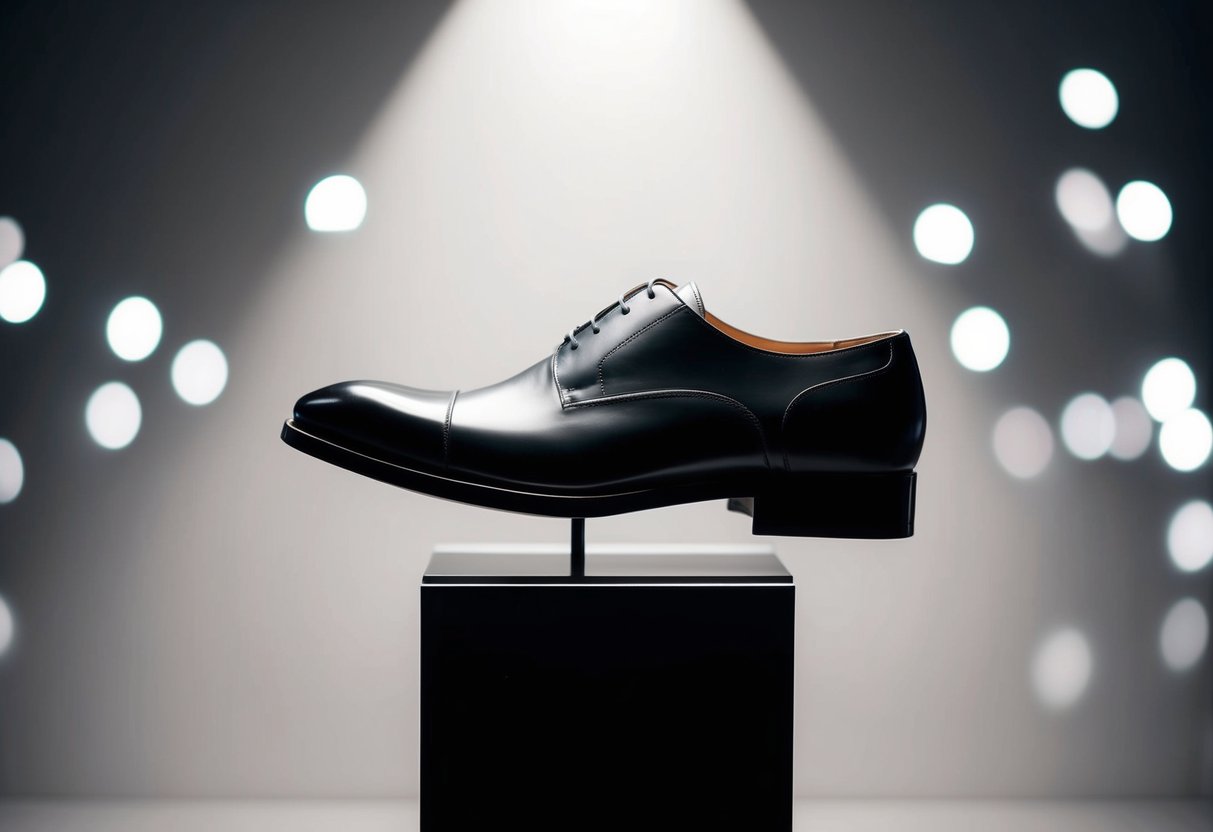 A single, pristine, and stylish shoe stands alone on a sleek, modern pedestal, with a spotlight shining down on it from above