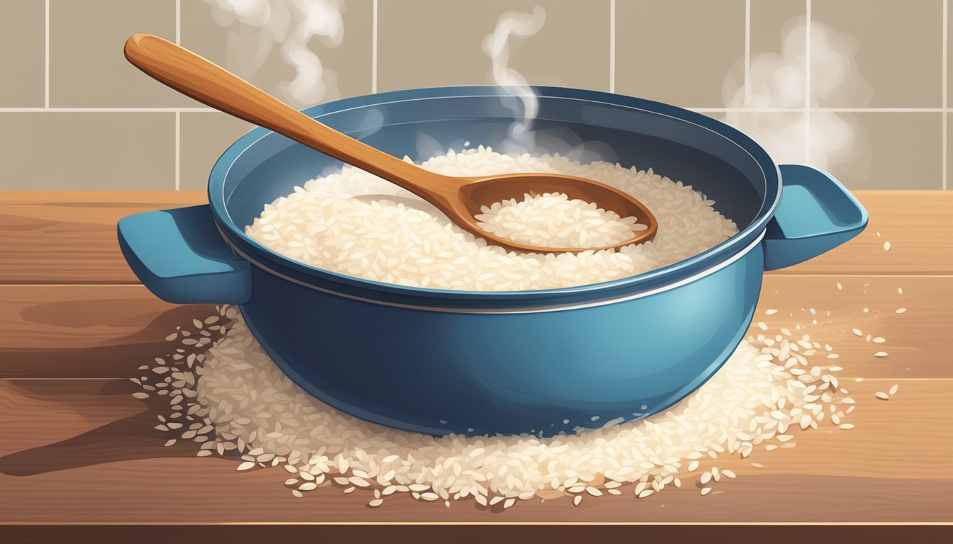 A pot of coconut rice being reheated on a stovetop, steam rising as a wooden spoon stirs the grains