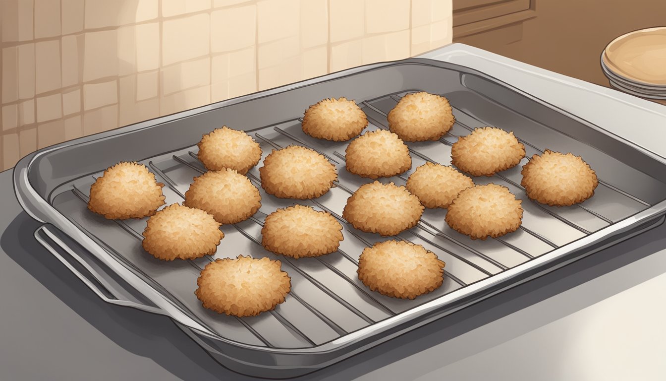 A plate of coconut macaroons arranged on a baking sheet, with an oven mitt nearby and the oven door slightly ajar