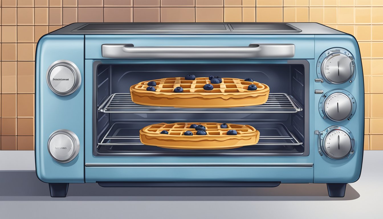 A toaster oven with two blueberry waffles inside, a plate, and a microwave in the background