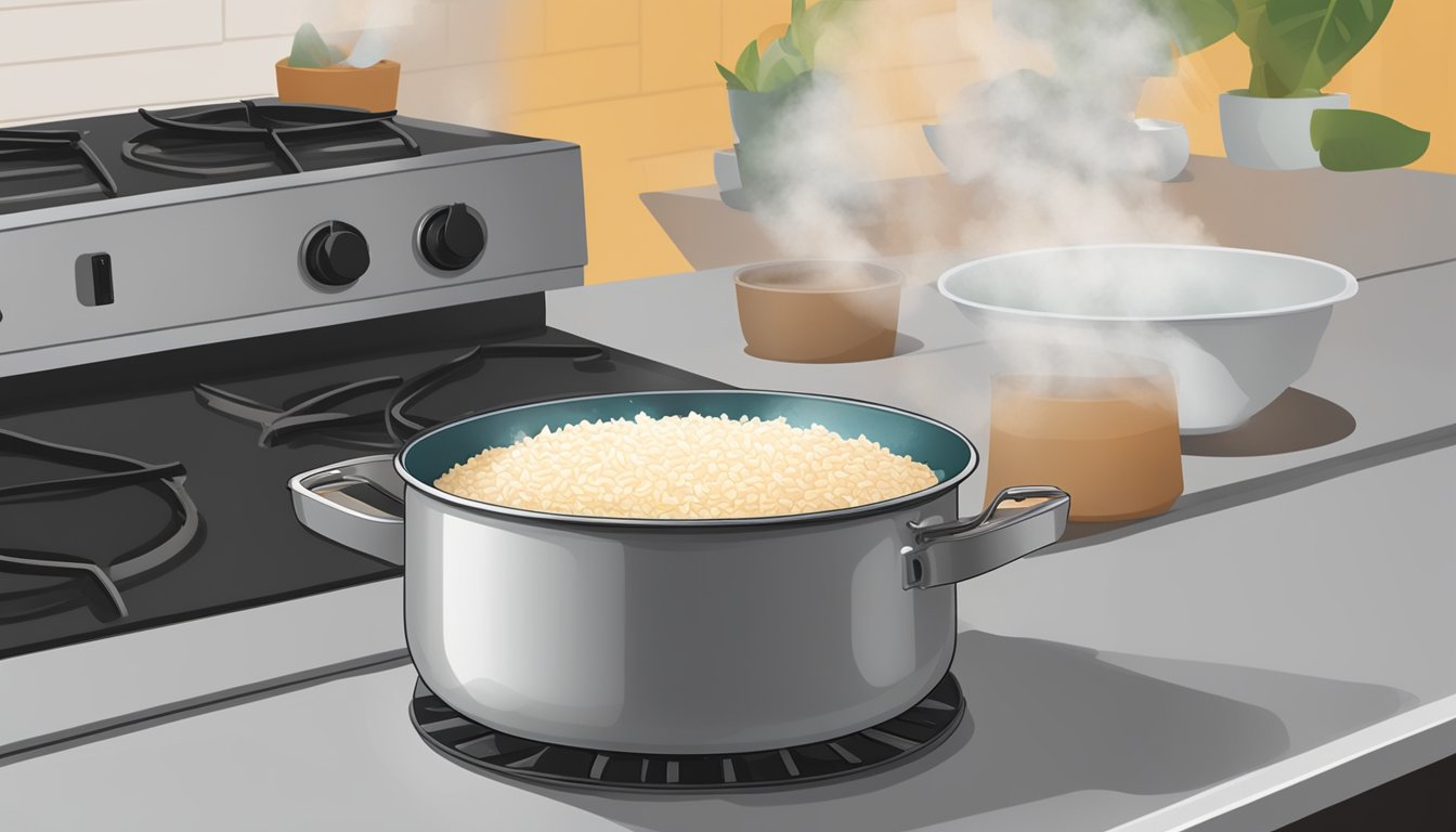 A pot of coconut rice being reheated on a stovetop, with a lid on top and steam rising from the pot