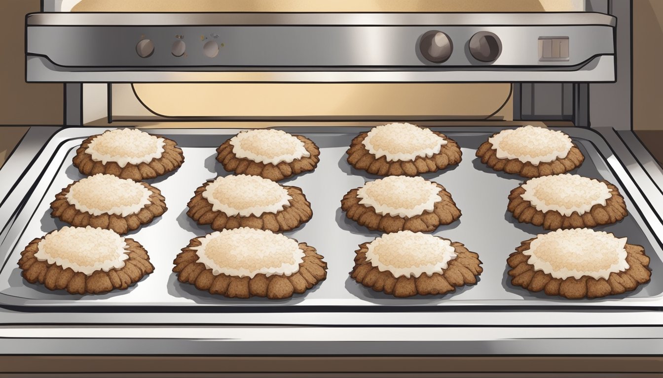 A tray of coconut macaroons being placed in the oven on a baking sheet lined with parchment paper. The oven temperature dial is being turned to the desired setting for reheating