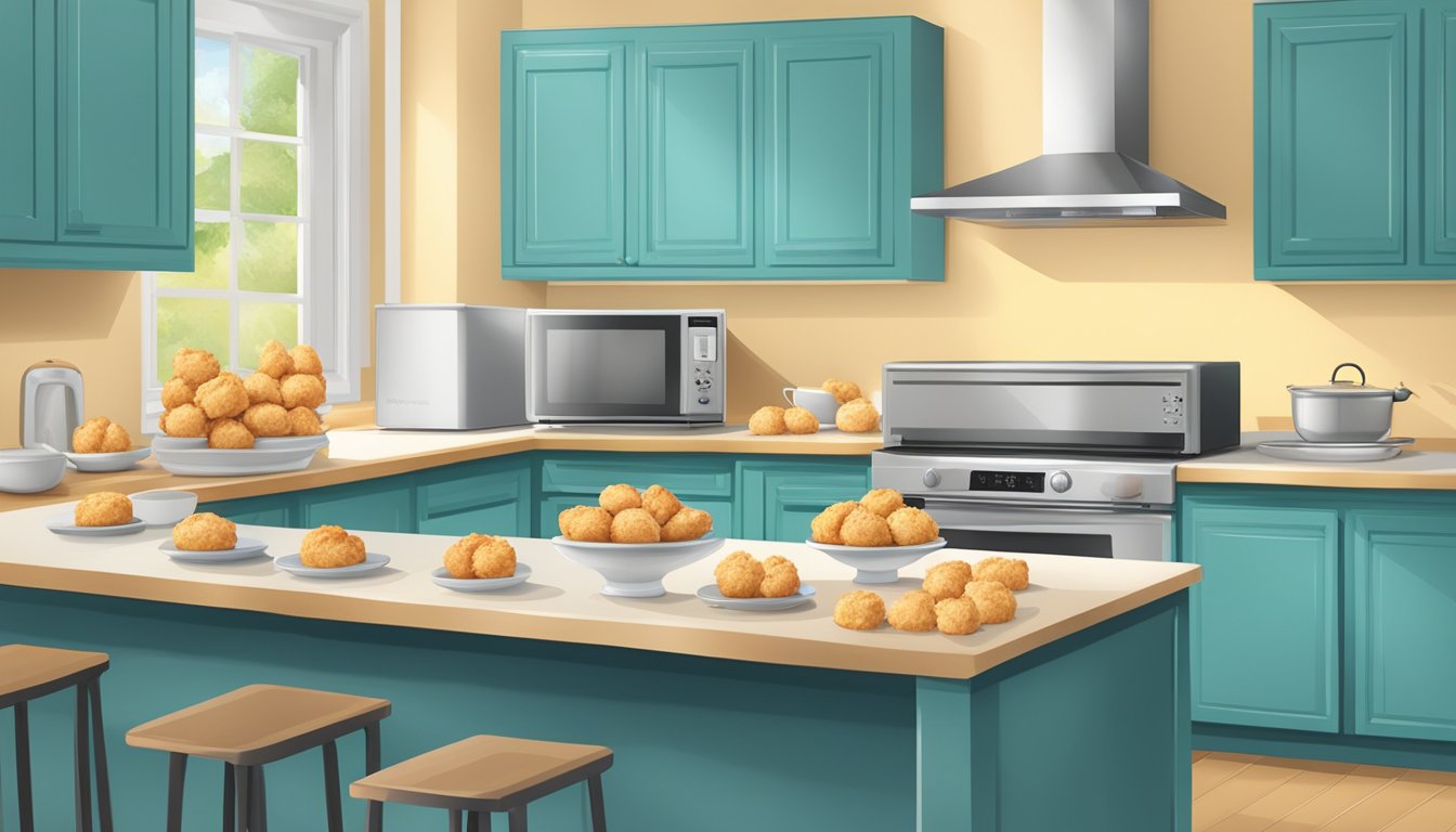 A kitchen counter with a tray of coconut macaroons, surrounded by a microwave, oven, and toaster oven