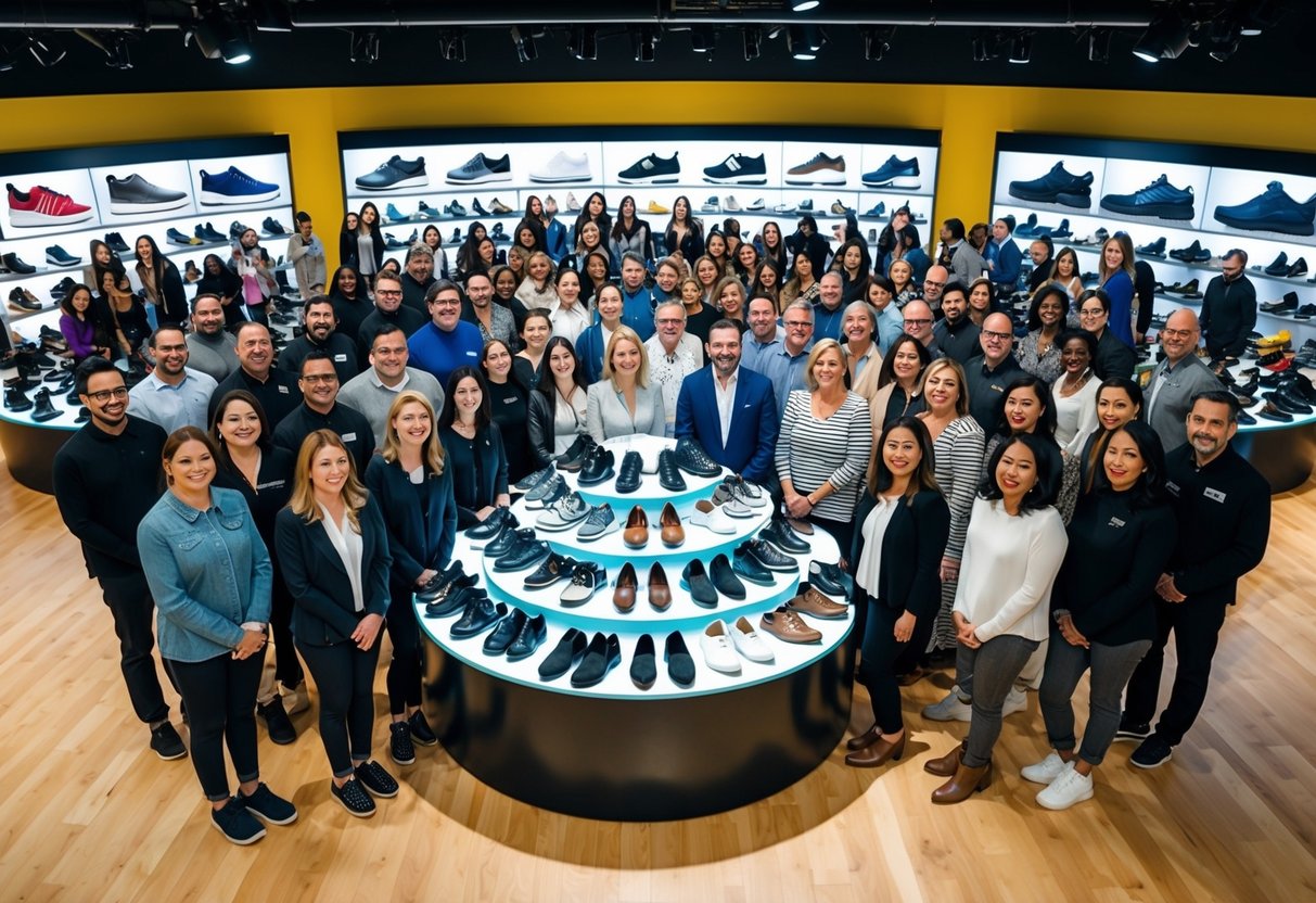 A diverse group of people wearing various types of shoes, gathered around a large display showcasing different shoe brands and styles