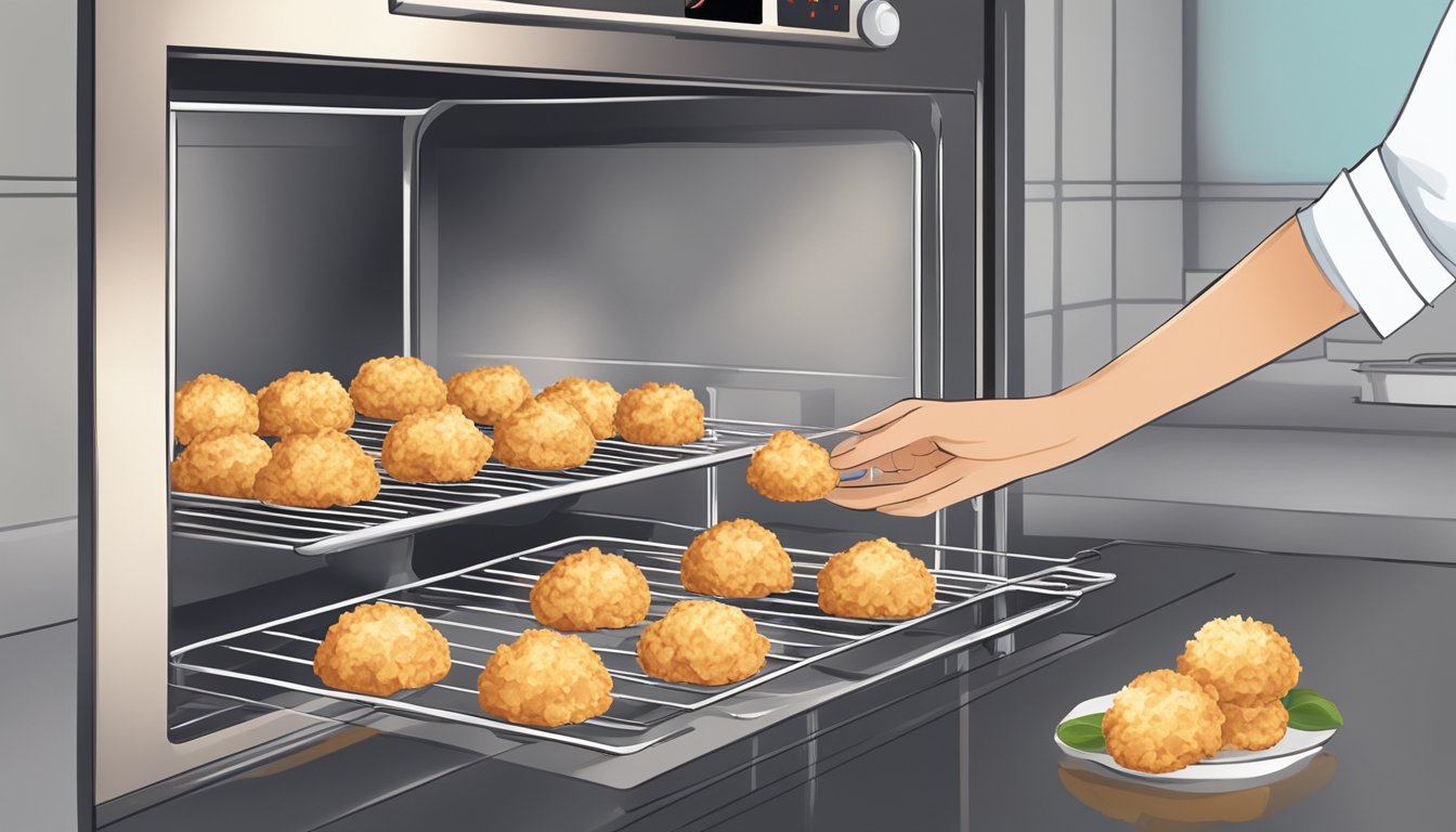 A kitchen scene with a plate of coconut macaroons being placed in the oven to reheat. A timer is set and the warm, golden treats are being removed from the oven