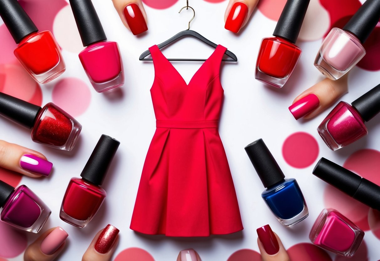 A red dress hanging on a hanger, surrounded by different shades of nail polish in various red tones