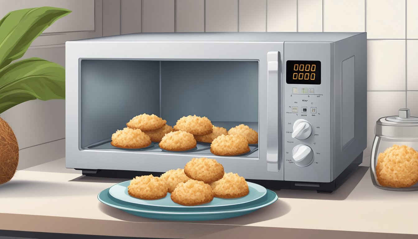 A plate of coconut macaroons placed in the microwave, with the door closed and the timer set