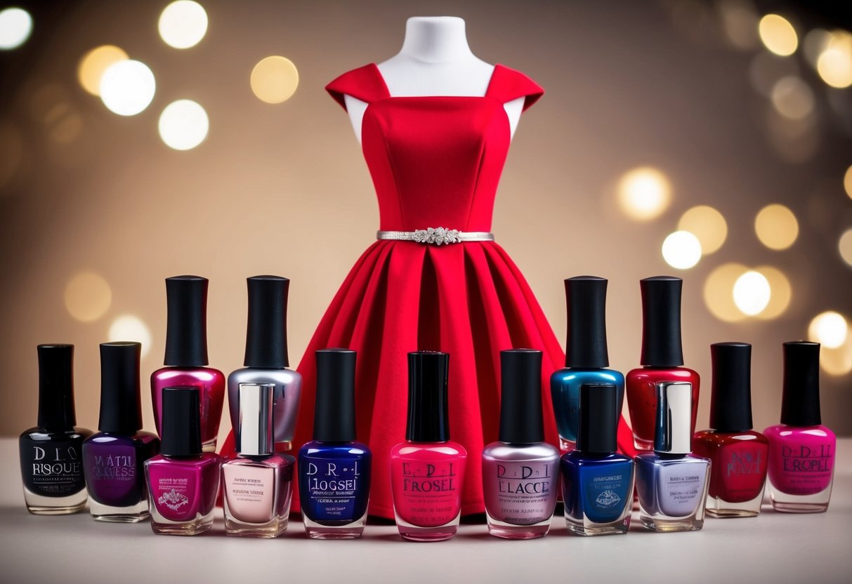 A red dress surrounded by bottles of glossy, matte, and metallic nail polish in various shades