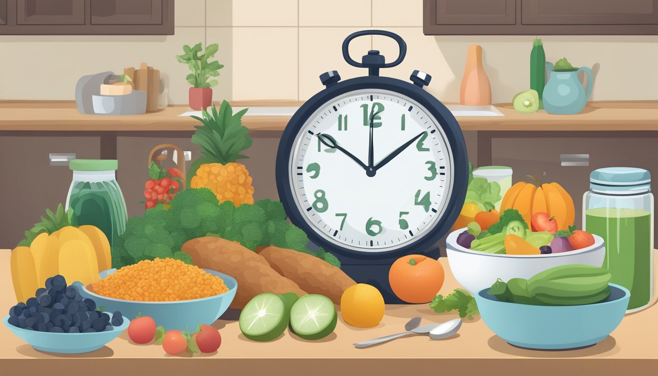 A person's kitchen counter with a variety of healthy foods and a clock showing the passage of time, indicating the concept of intermittent fasting for weight loss