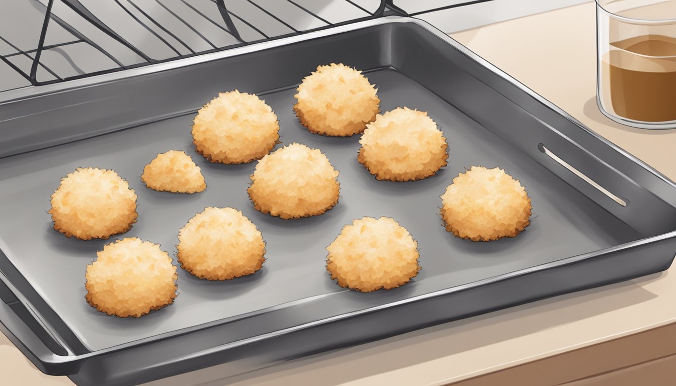 Coconut macaroons being reheated in the oven on a baking sheet