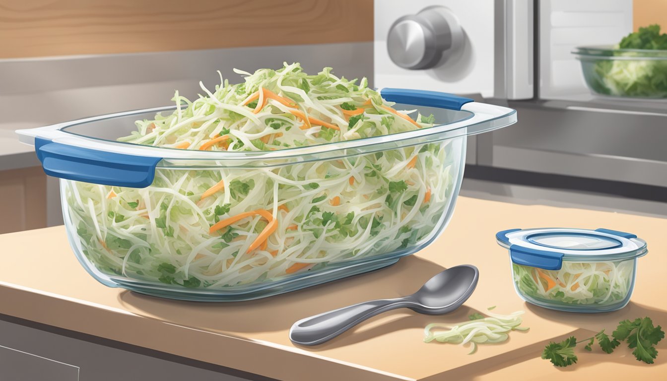 A bowl of coleslaw being transferred from a serving dish into an airtight container, then placed in the refrigerator